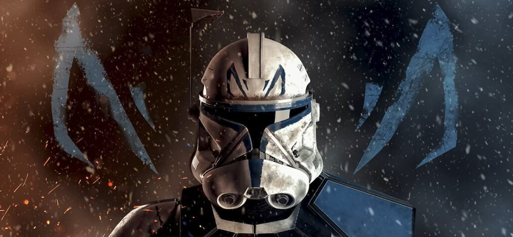 star wars character in a white and blue helmet looking straight