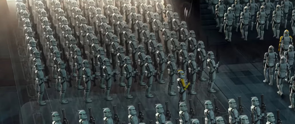 clone army standing in groups in Star Wars film