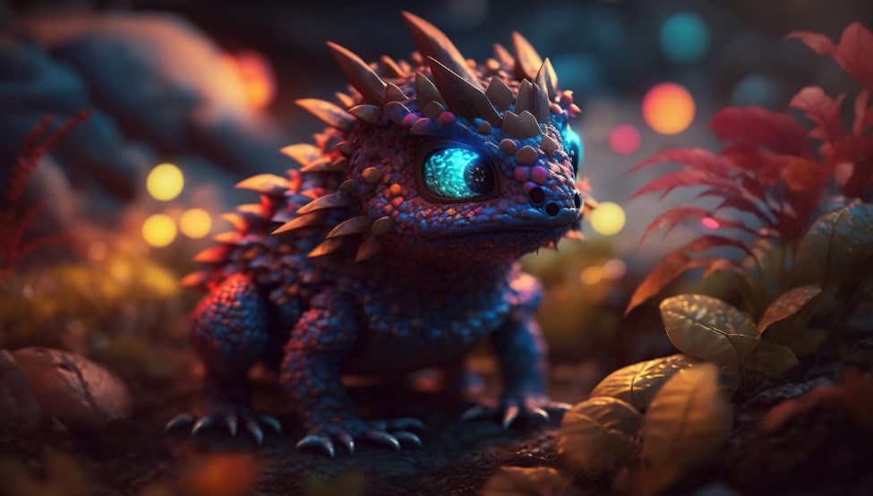 a fantastic dragon-like baby creature in a magical forest